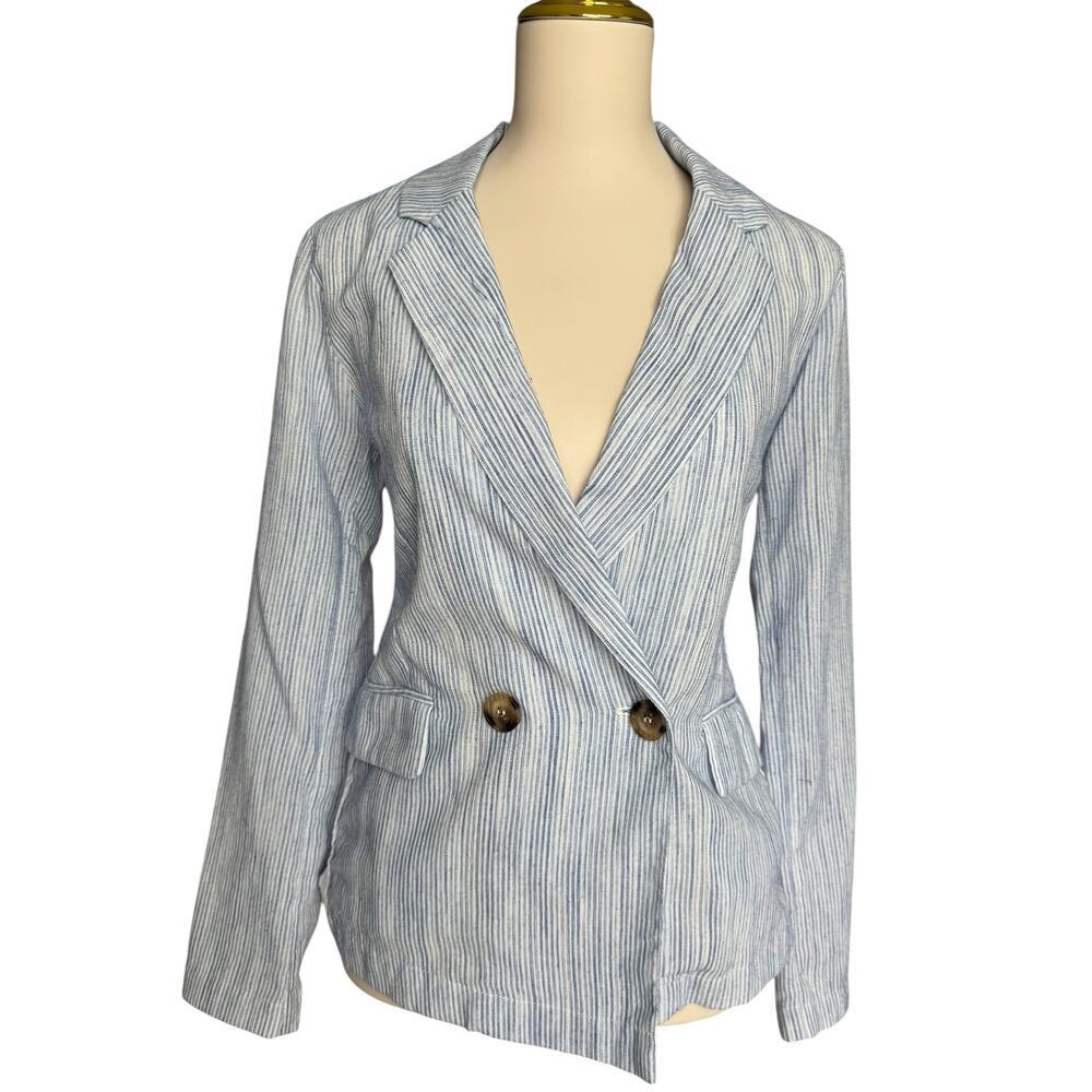 Hem & Thread Blue Stripe Linen Blend Blazer Jacket Lace Trim Small